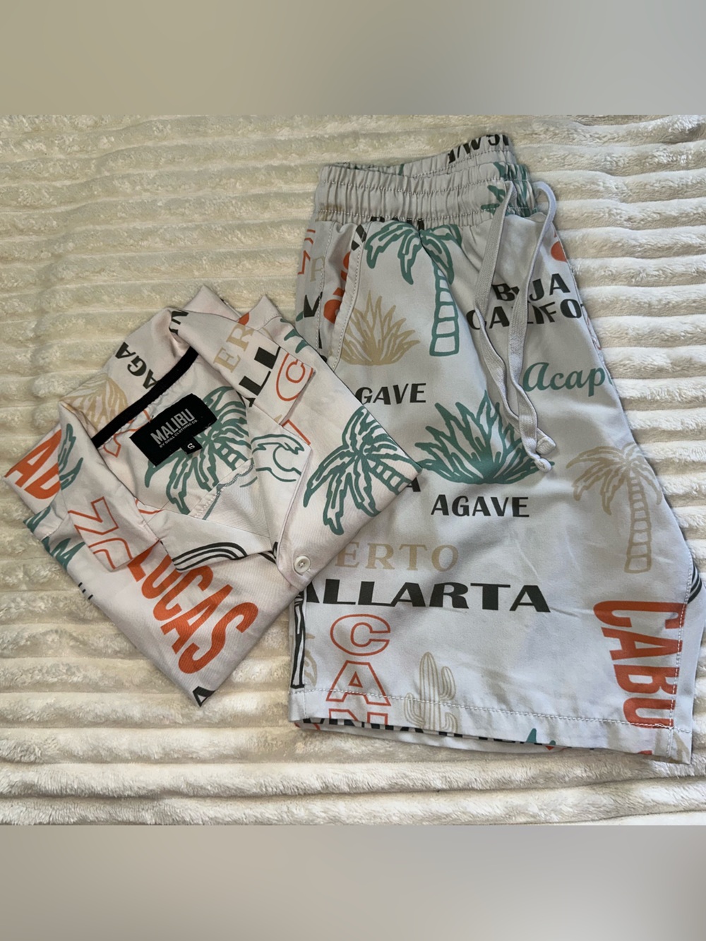 Malibu White Shorts with Green Palm & Orange Text Print